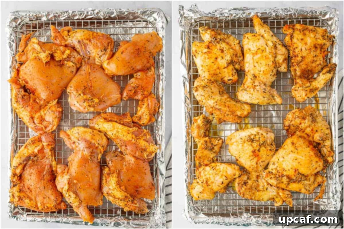 Perfectly Baked Boneless BBQ Chicken Thighs 5 Seasoned chicken thighs, some with skin, some boneless.