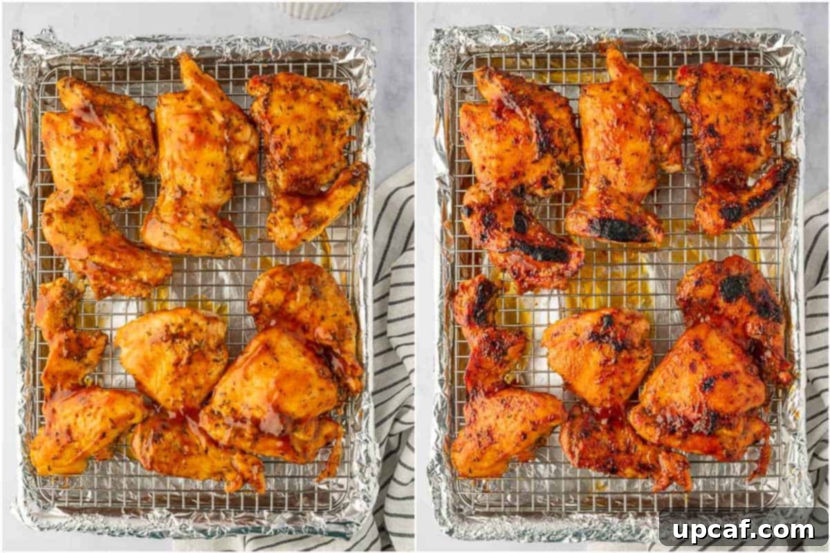 Perfectly Baked Boneless BBQ Chicken Thighs 6 Baked and broiled bbq chicken thighs in the oven, with sauce bubbling.