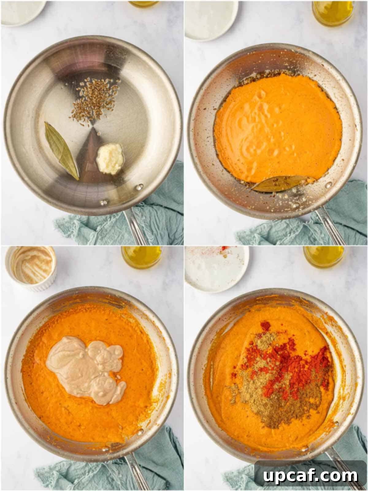 The process of making the pasanda gravy, showing a rich, simmering sauce in a skillet, with spices and cream creating a luscious texture.