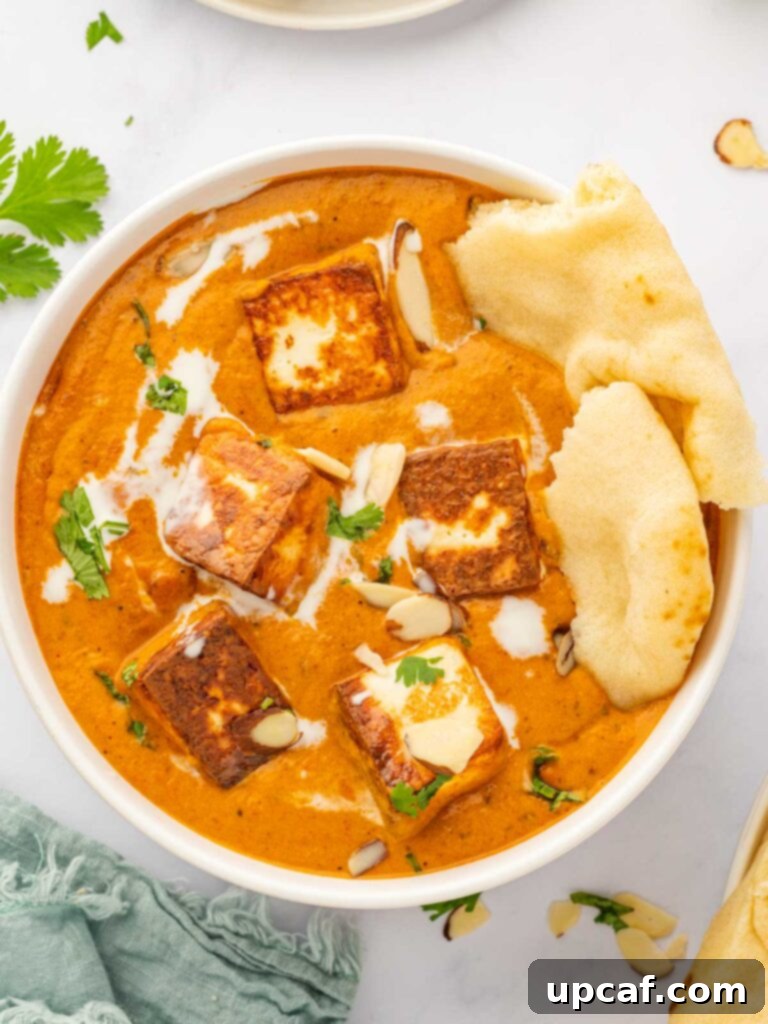 A beautifully presented bowl of paneer pasanda, garnished with fresh cilantro and served alongside warm naan bread, inviting you to indulge.