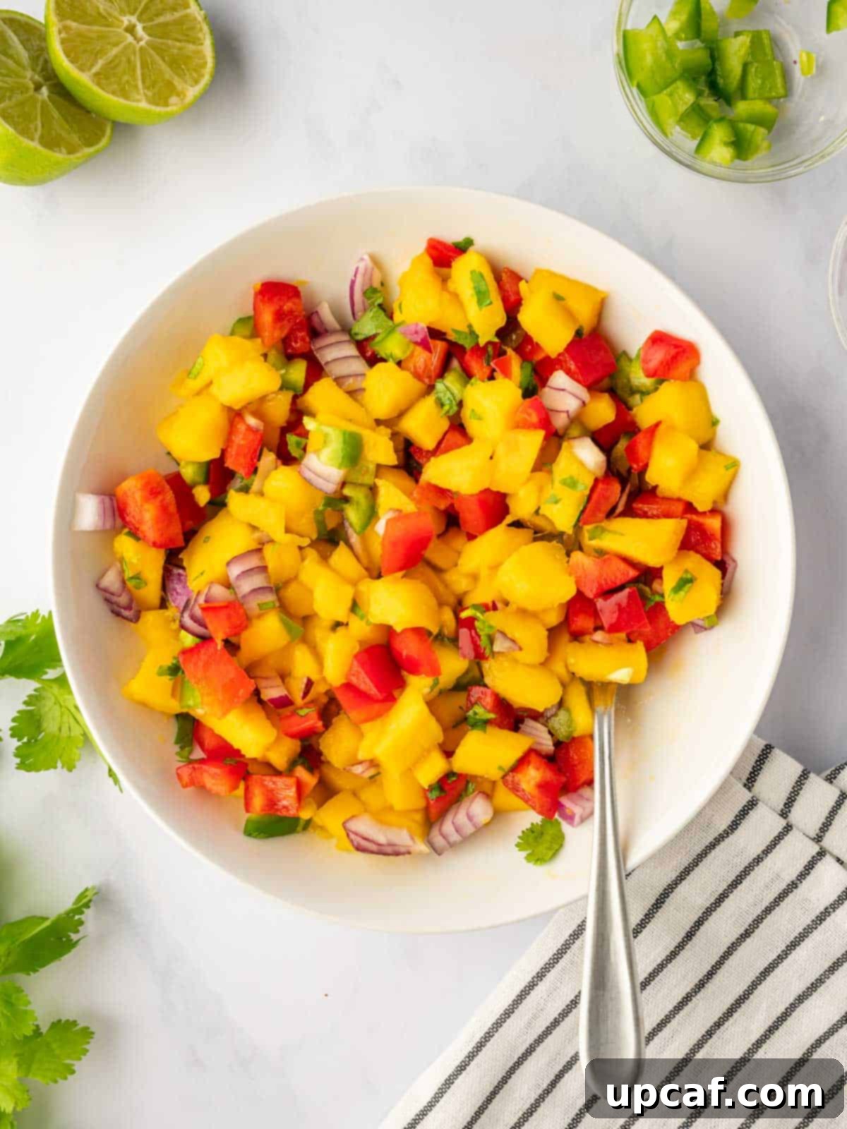 Sweet and Savory Teriyaki Salmon 6 A bowl filled with freshly prepared mango salsa, showcasing vibrant colors of diced mango, red bell pepper, and cilantro.