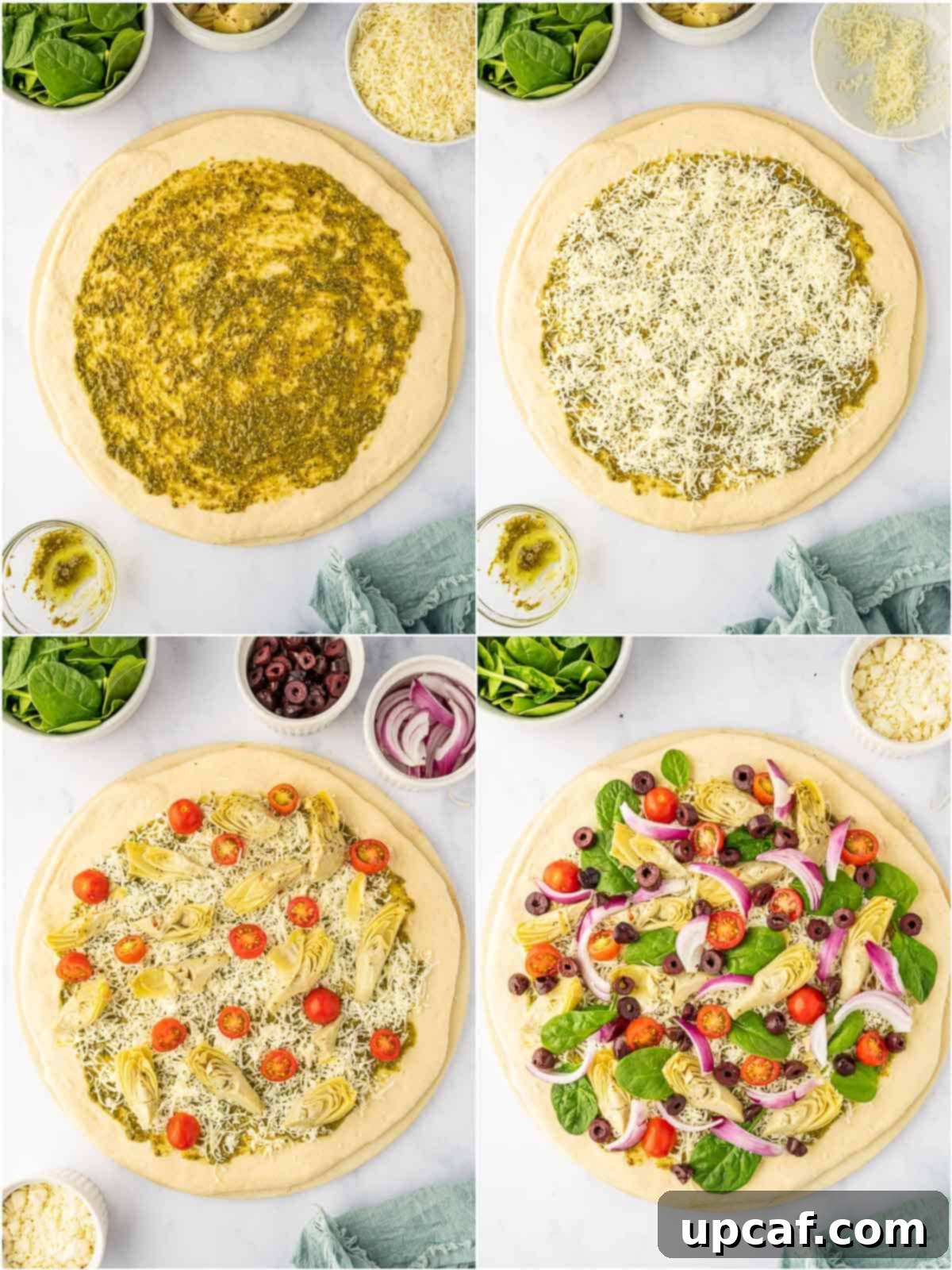 process shot topping the pizza.