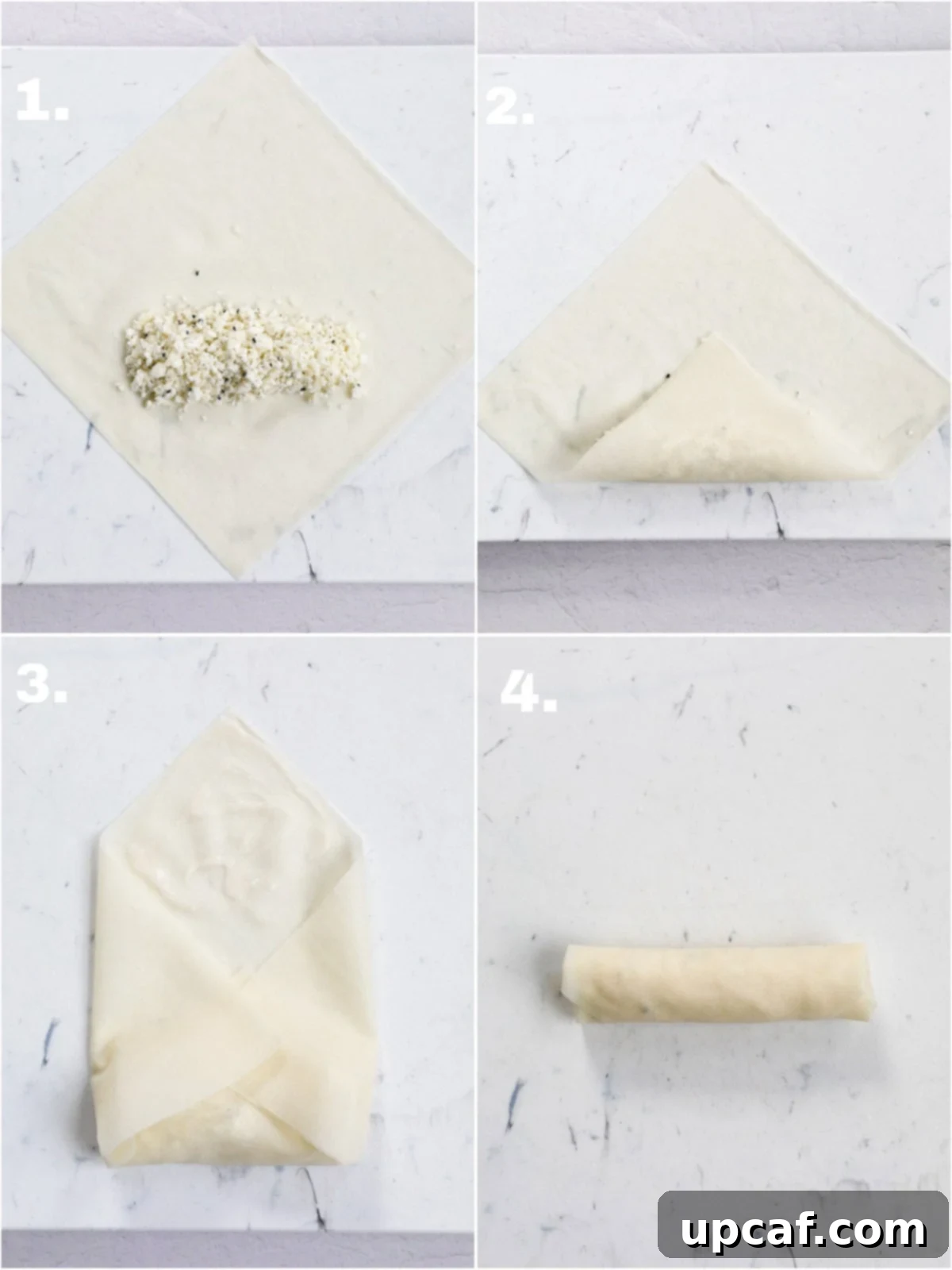 Collage showing the step-by-step process of how to roll a cheese roll.