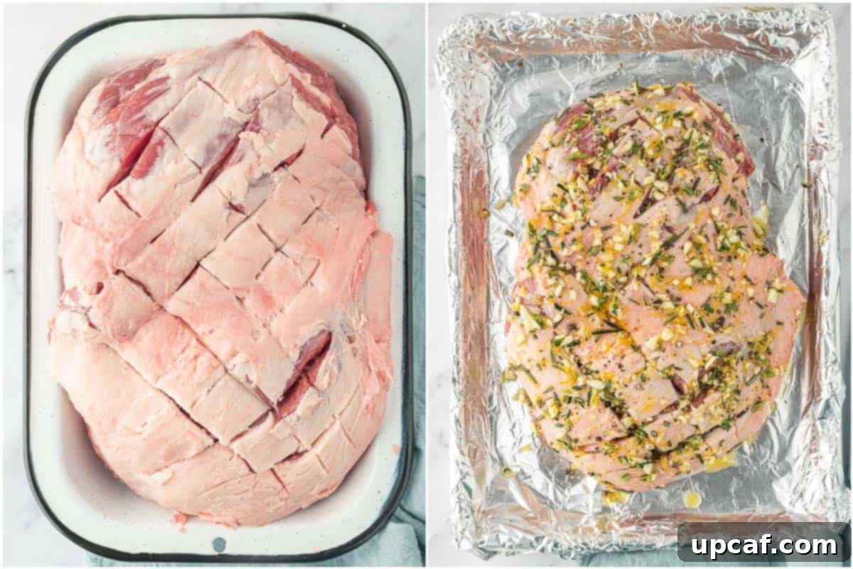 Rosemary Garlic Boneless Lamb Roast 5 Scored and marinated leg of lamb.