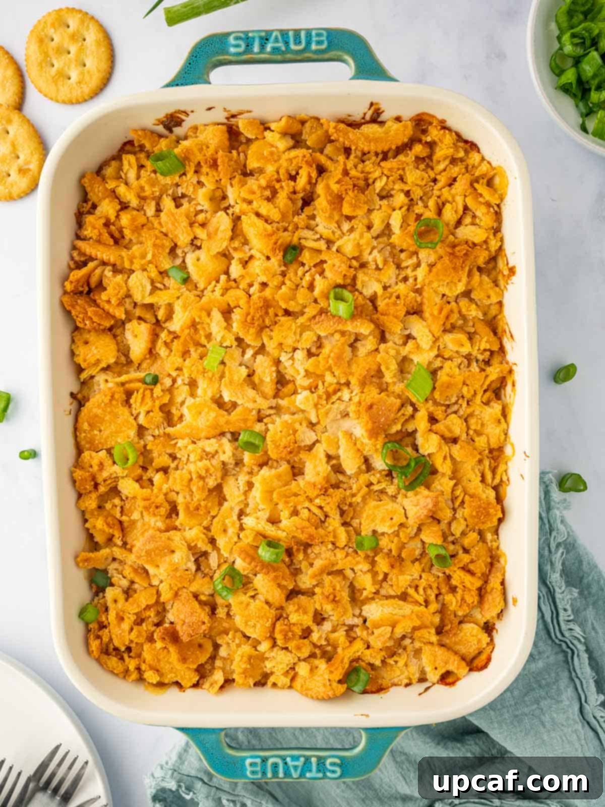 Crispy ritz cracker chicken in a casserole dish.