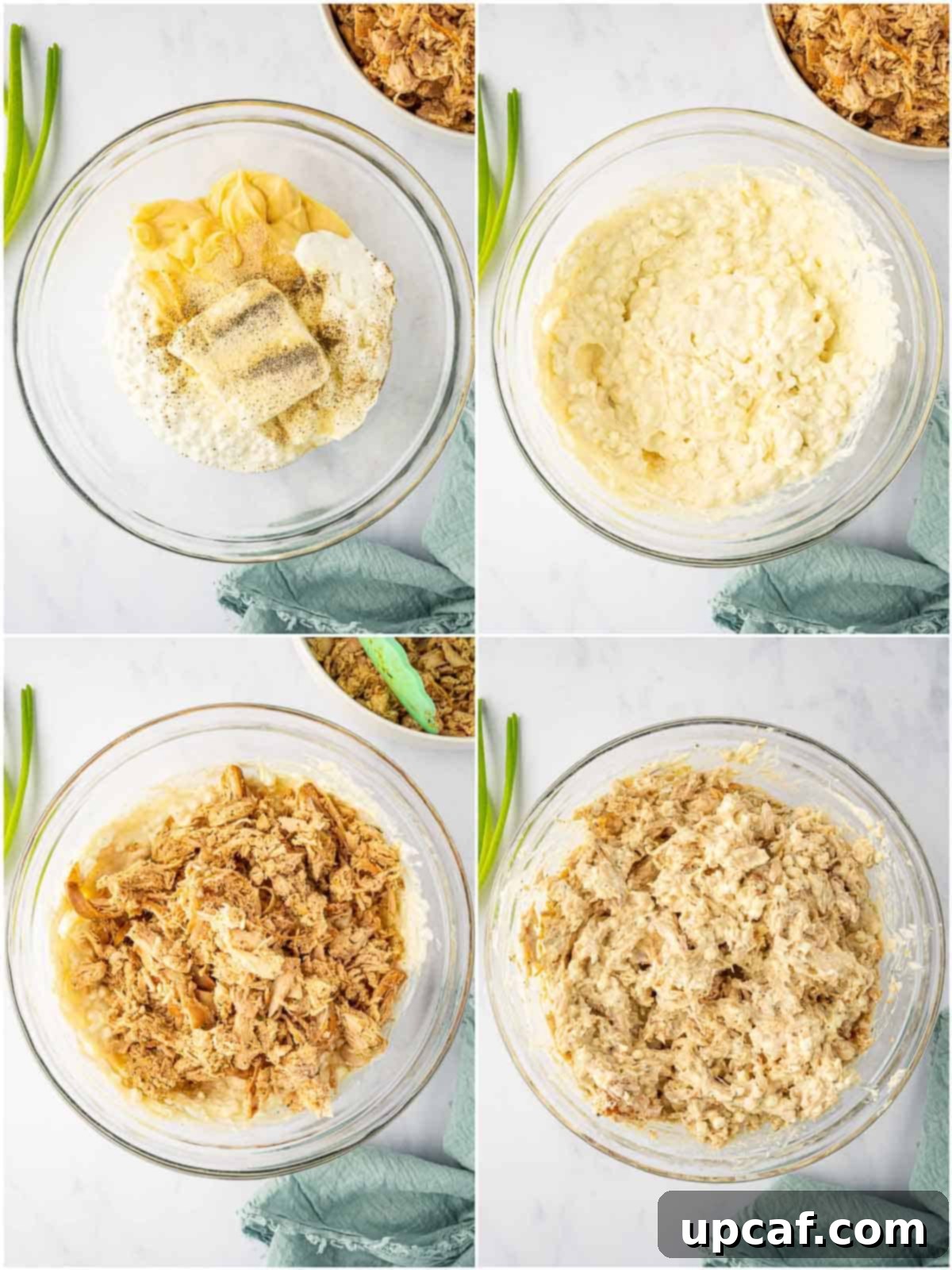 Combine the ingredients to create the creamy chicken filling.