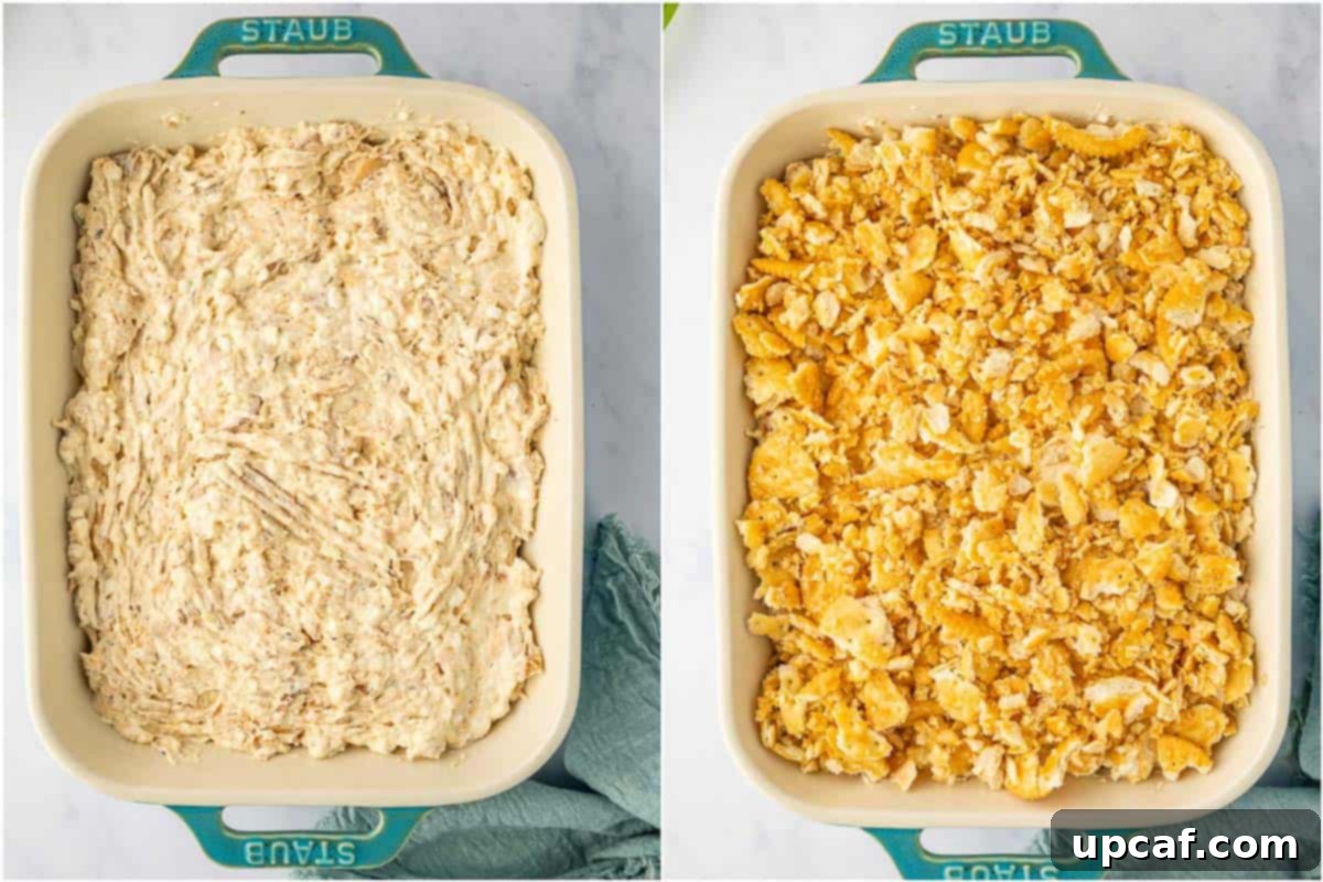 Ritz crackers top a creamy chicken casserole.