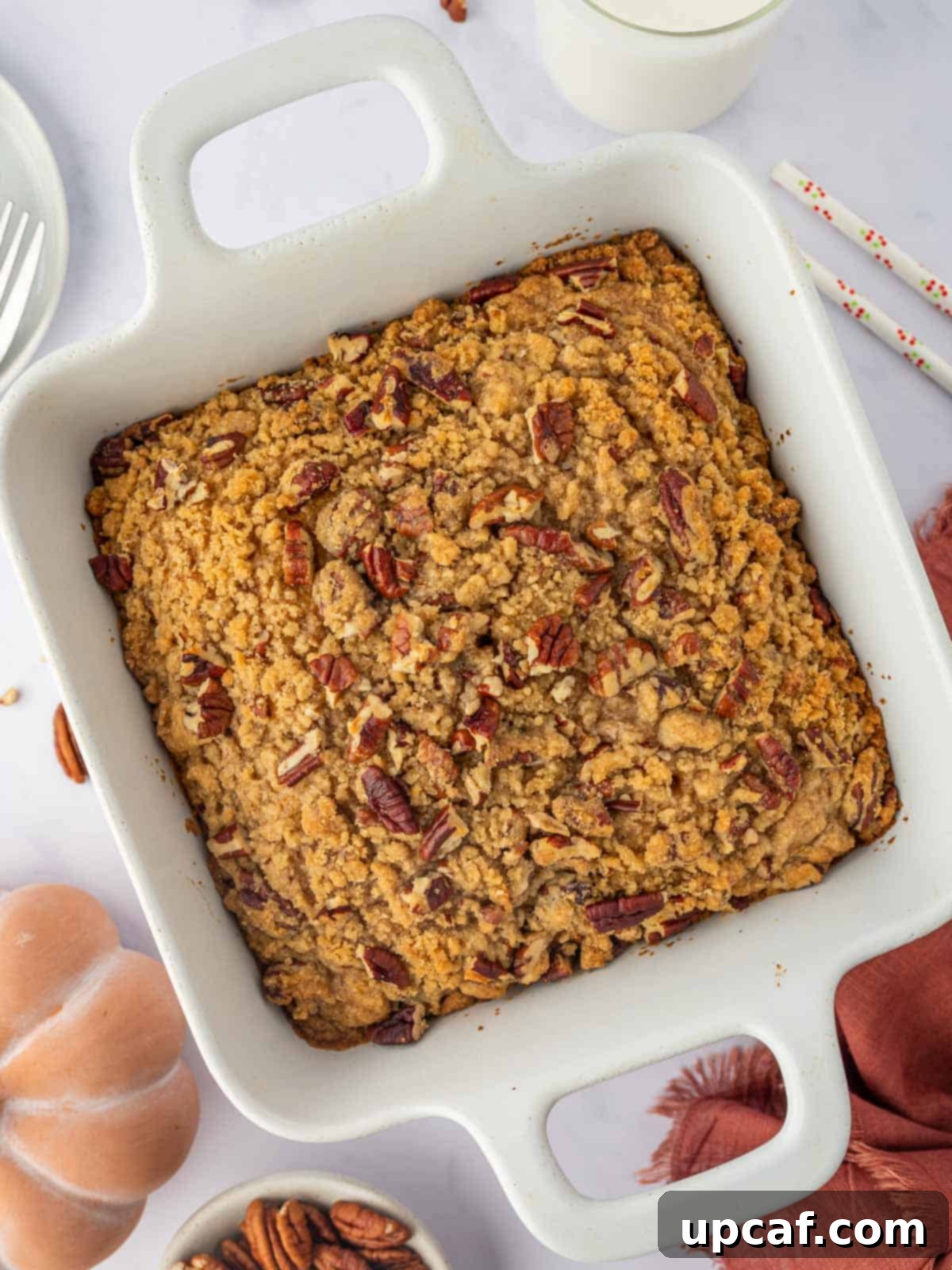 Top view of pumpkin cake with streusel, ready to be enjoyed.