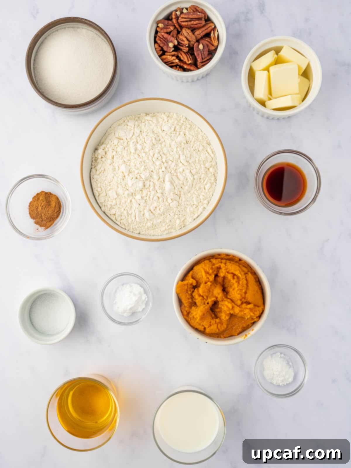 Various ingredients for pumpkin pecan coffee cake laid out on a surface.