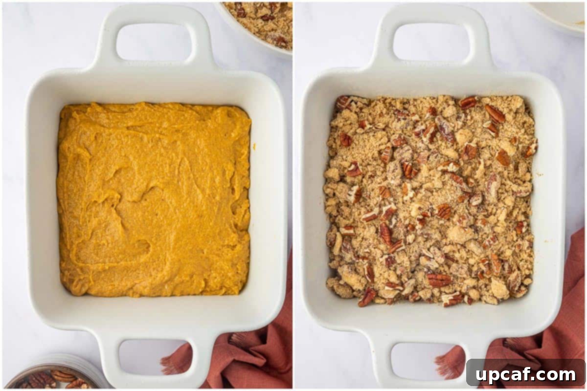 Unbaked pumpkin coffee cake with a smooth surface in a baking dish.