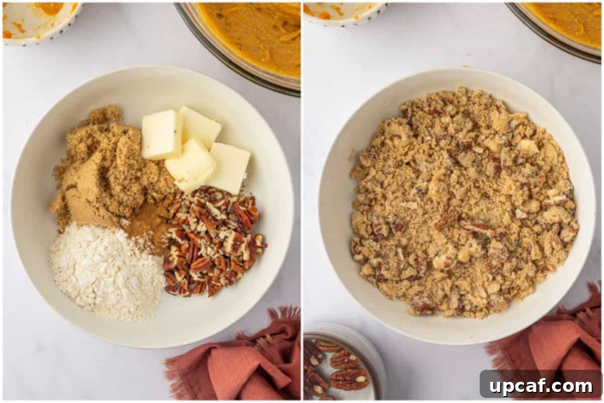 Ingredients for streusel topping being mixed in a bowl.