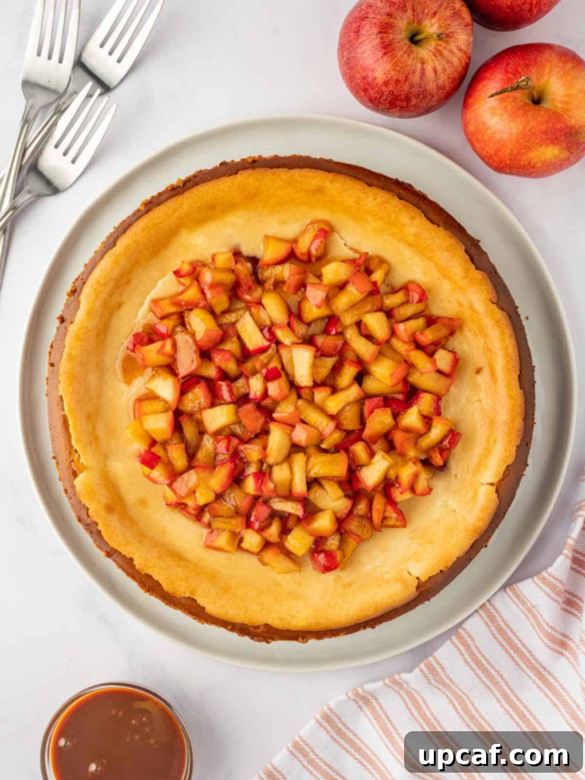 A beautifully presented Cinnamon Apple Cheesecake on a rustic platter, garnished with fresh apple slices and a dusting of cinnamon.