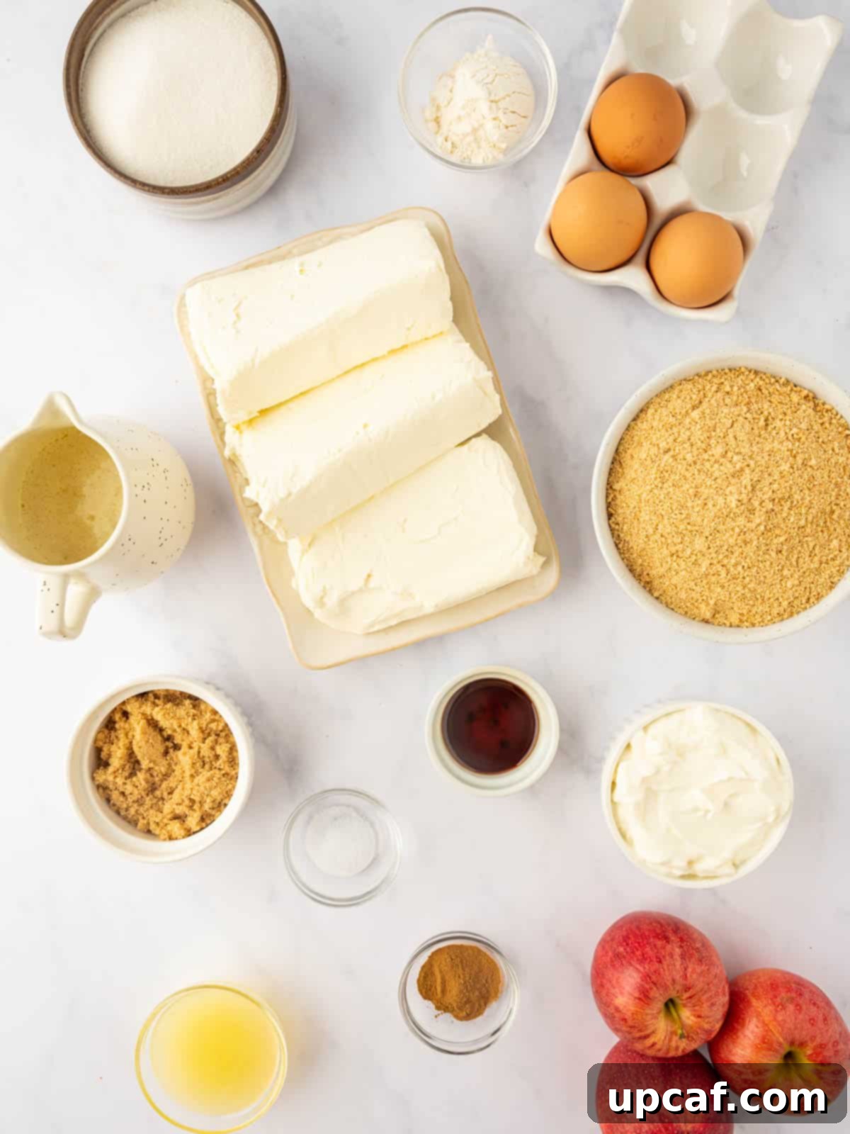 A flat lay of all the fresh ingredients needed to make a delicious cinnamon apple cheesecake: apples, cream cheese, butter, graham crackers, sugar, cinnamon, eggs, sour cream, flour, vanilla, and salt.