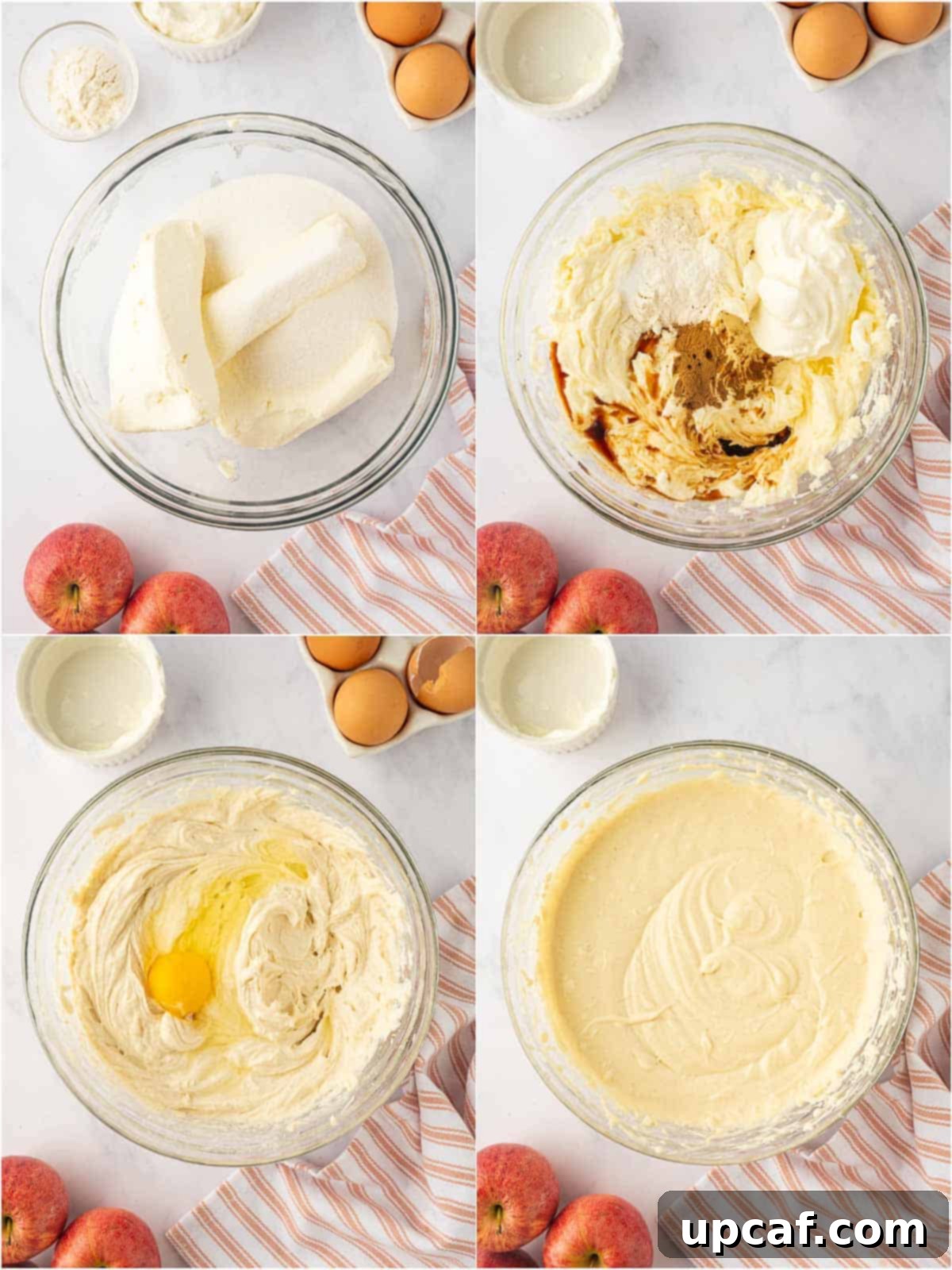 A bowl filled with creamy cheesecake filling, showing its smooth, pale yellow texture after being mixed with a hand mixer.