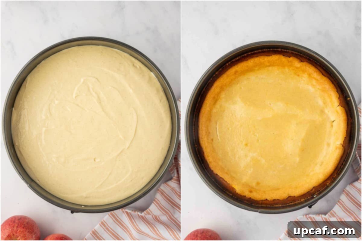 A split image showing the cheesecake before baking (a smooth, light batter) and after baking (a golden-brown top with set edges), illustrating the transformation.