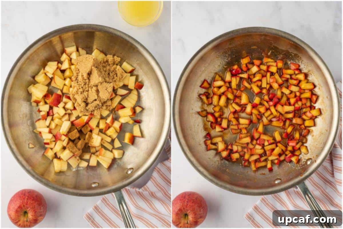 A saucepan filled with diced apples simmering with brown sugar, lemon juice, and cinnamon, showing the process of making the apple topping.