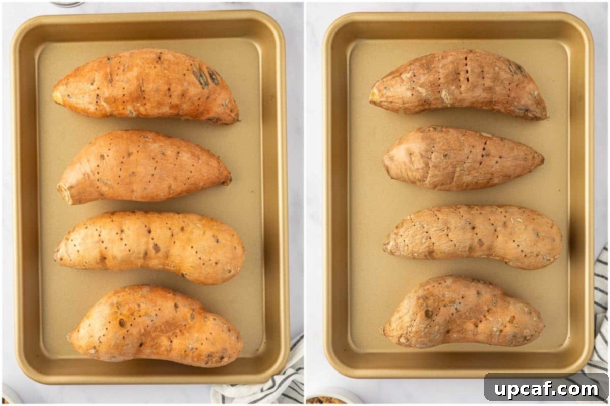 Maple Glazed Sweet Potatoes with Toasted Walnuts 4 Baked sweet potatoes resting on a tray after their initial bake.