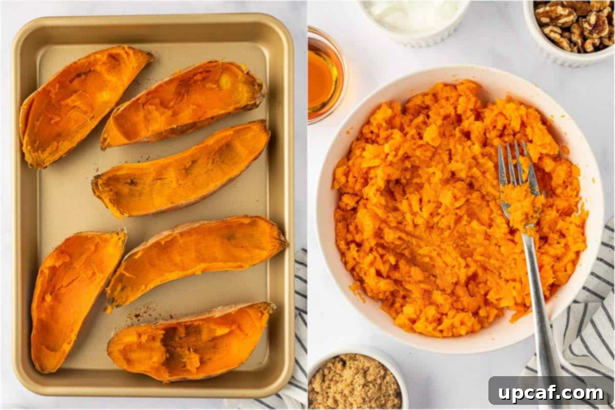Maple Glazed Sweet Potatoes with Toasted Walnuts 6 Scooping out the cooked sweet potato flesh and mashing it in a bowl.