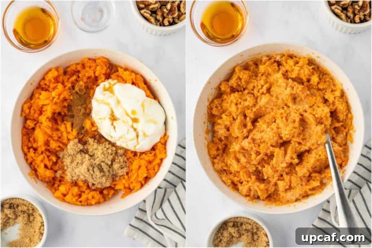 Maple Glazed Sweet Potatoes with Toasted Walnuts 7 Mixing the creamy mashed sweet potato filling with yogurt, brown sugar, maple syrup, and pumpkin pie spice.