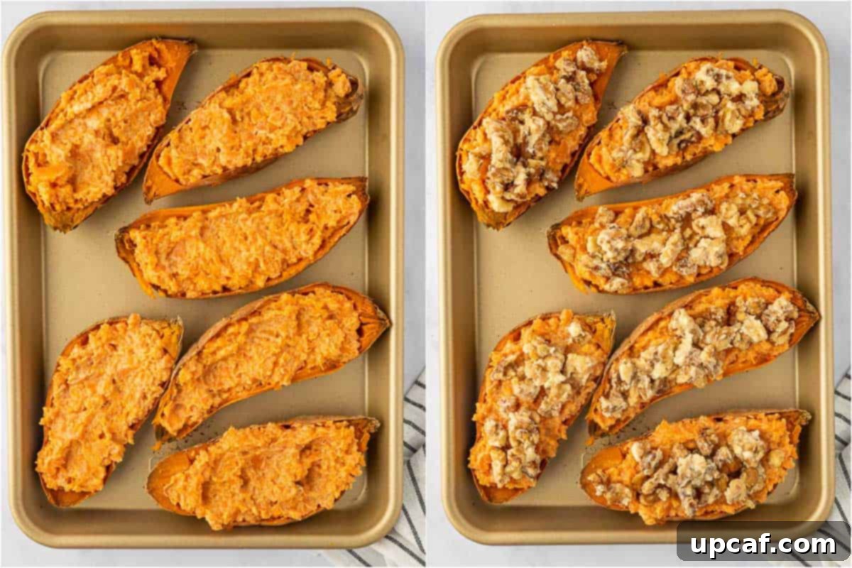 Maple Glazed Sweet Potatoes with Toasted Walnuts 8 Stuffed twice baked sweet potatoes with filling mounded, ready for the topping.