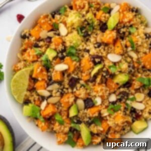 Roasted Sweet Potato Quinoa Salad 10 A bowl of sweet potato and quinoa salad.