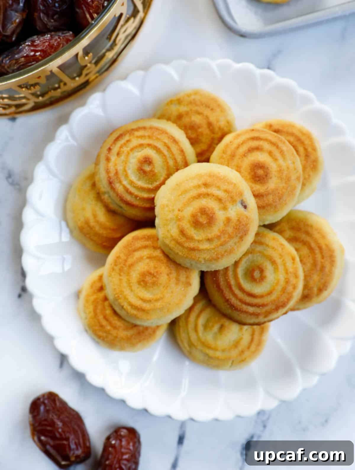 Date filled maamoul on a white plate.