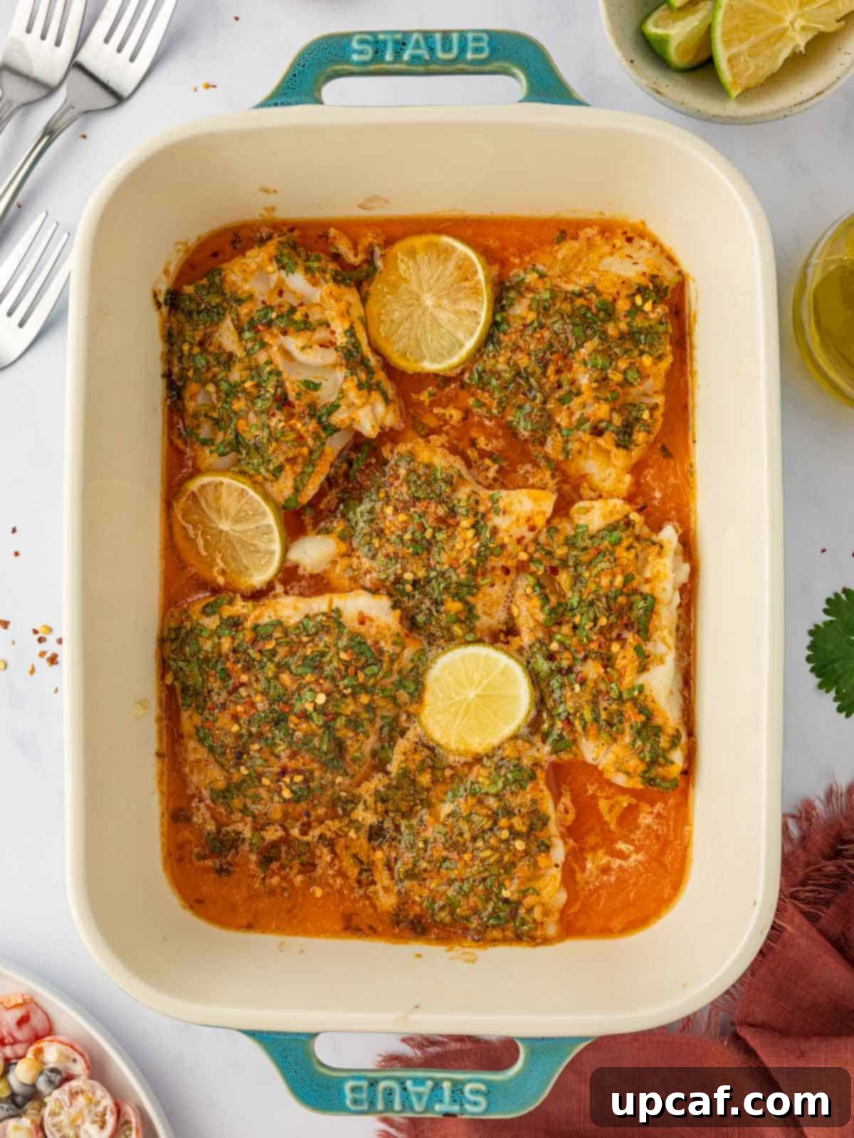 A casserole dish with herb lime baked cod topped with lime slices, ready to be served.