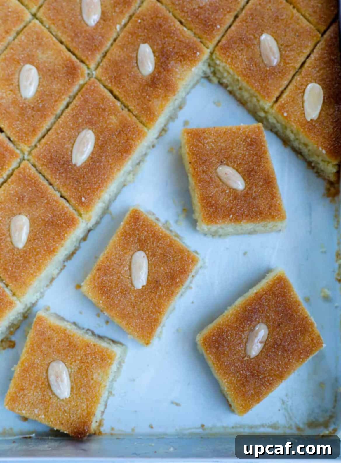A beautifully sliced Lebanese Namoura cake, showing off its moist texture and golden crust, in the baking pan.