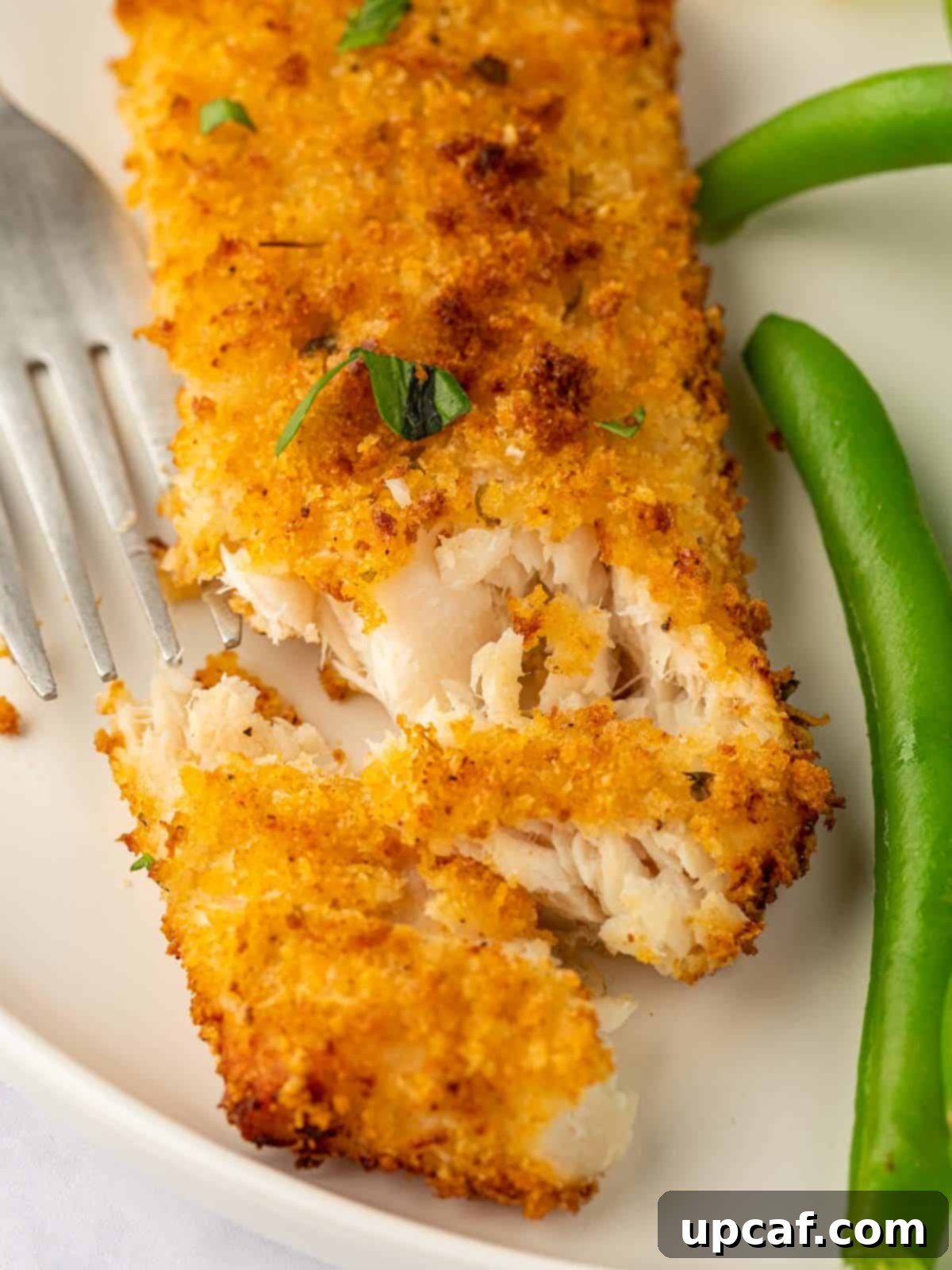 A close-up of a perfectly flaky air-fried mahi mahi fish fillet, showcasing its tender, cooked texture.