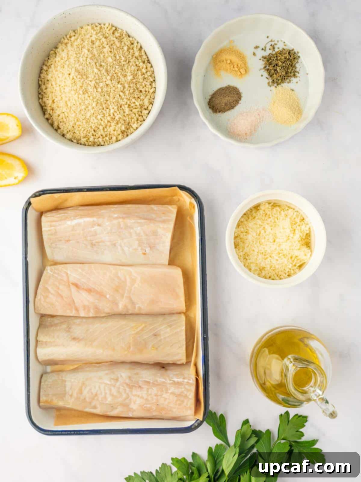 A collection of fresh ingredients neatly arranged, including vibrant mahi mahi fillets, a bowl of panko breadcrumbs, grated parmesan cheese, and various spices, all ready for preparing air-fried mahi mahi fish.