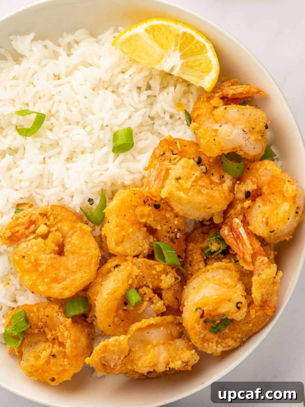 A beautifully plated dish of crispy salt and pepper shrimp served alongside a portion of fluffy white rice, ready to be enjoyed.