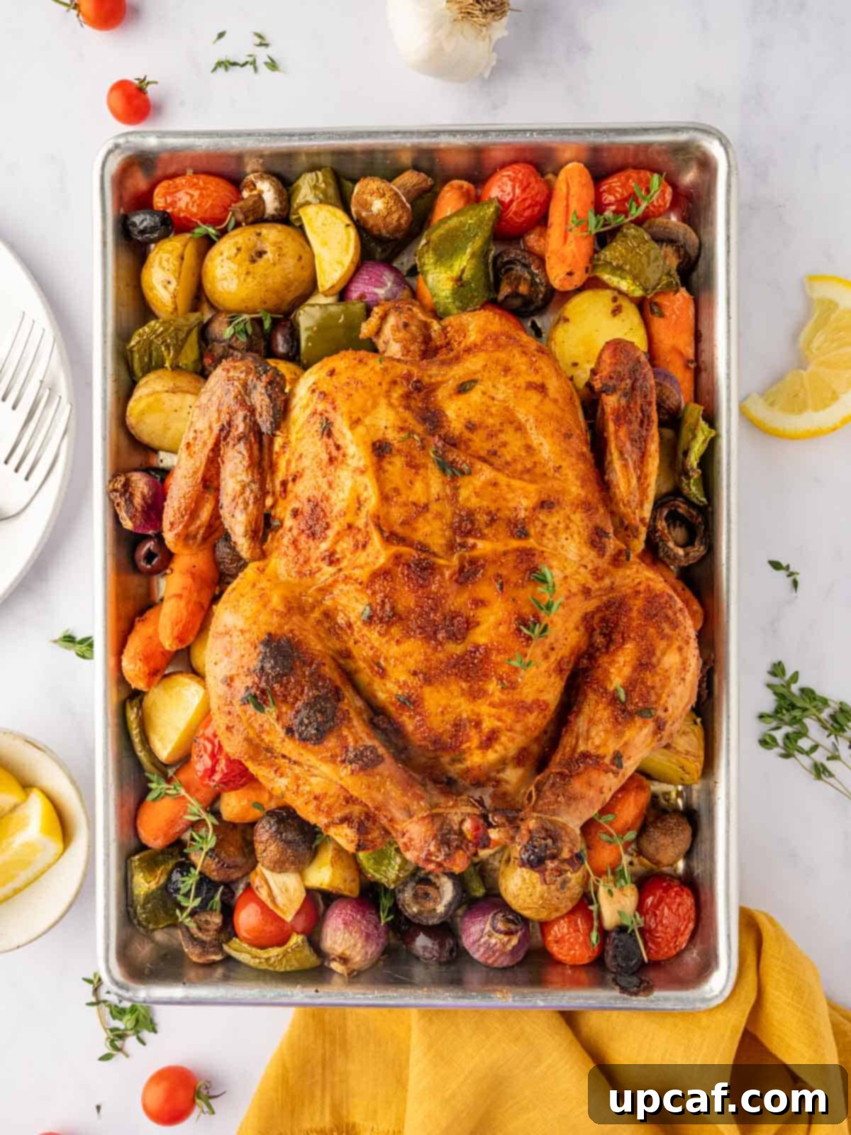 Seasoned roasted chicken, golden brown and served with herbs.