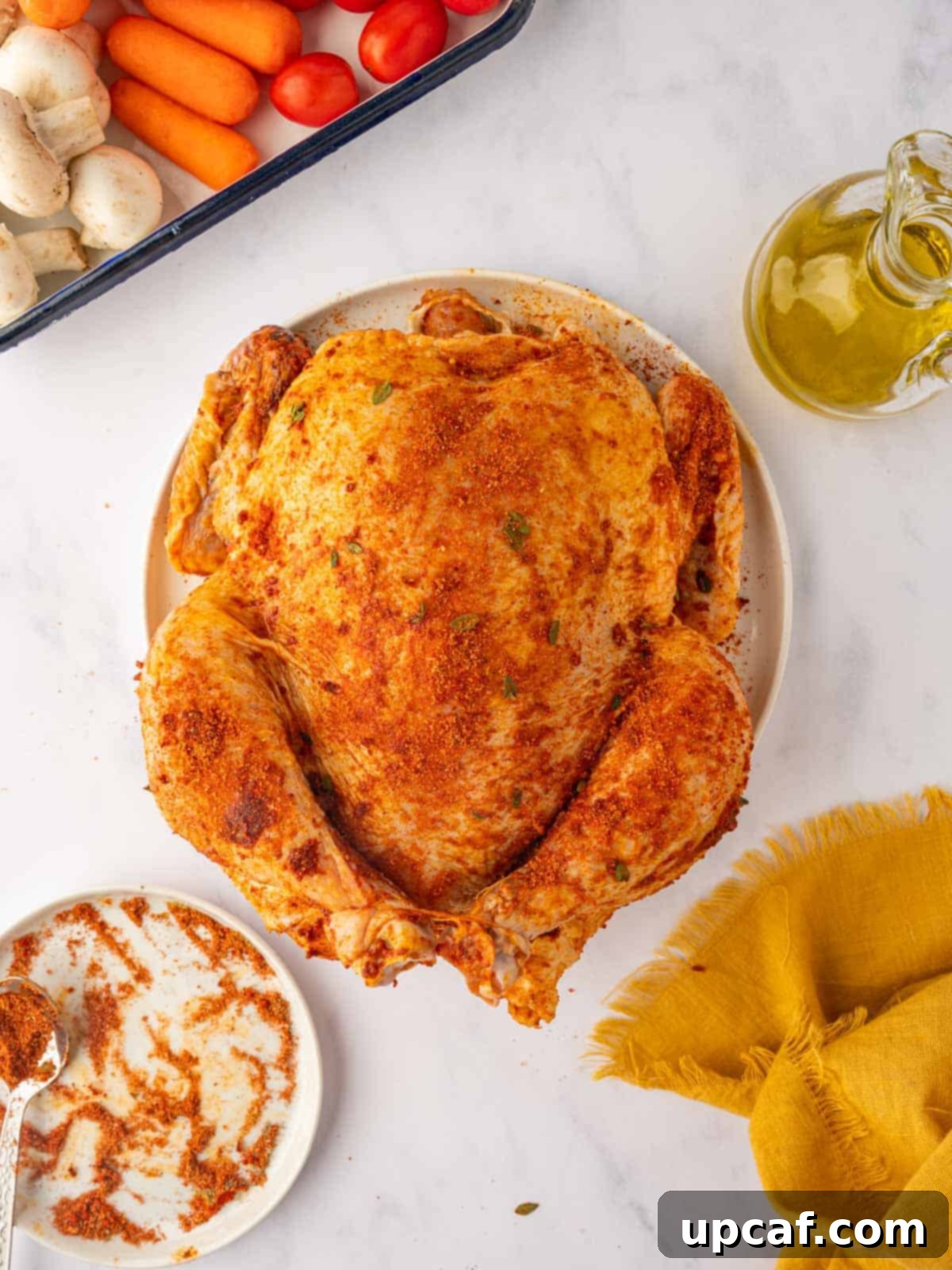 A whole chicken being rubbed with Mediterranean seasoning before roasting.