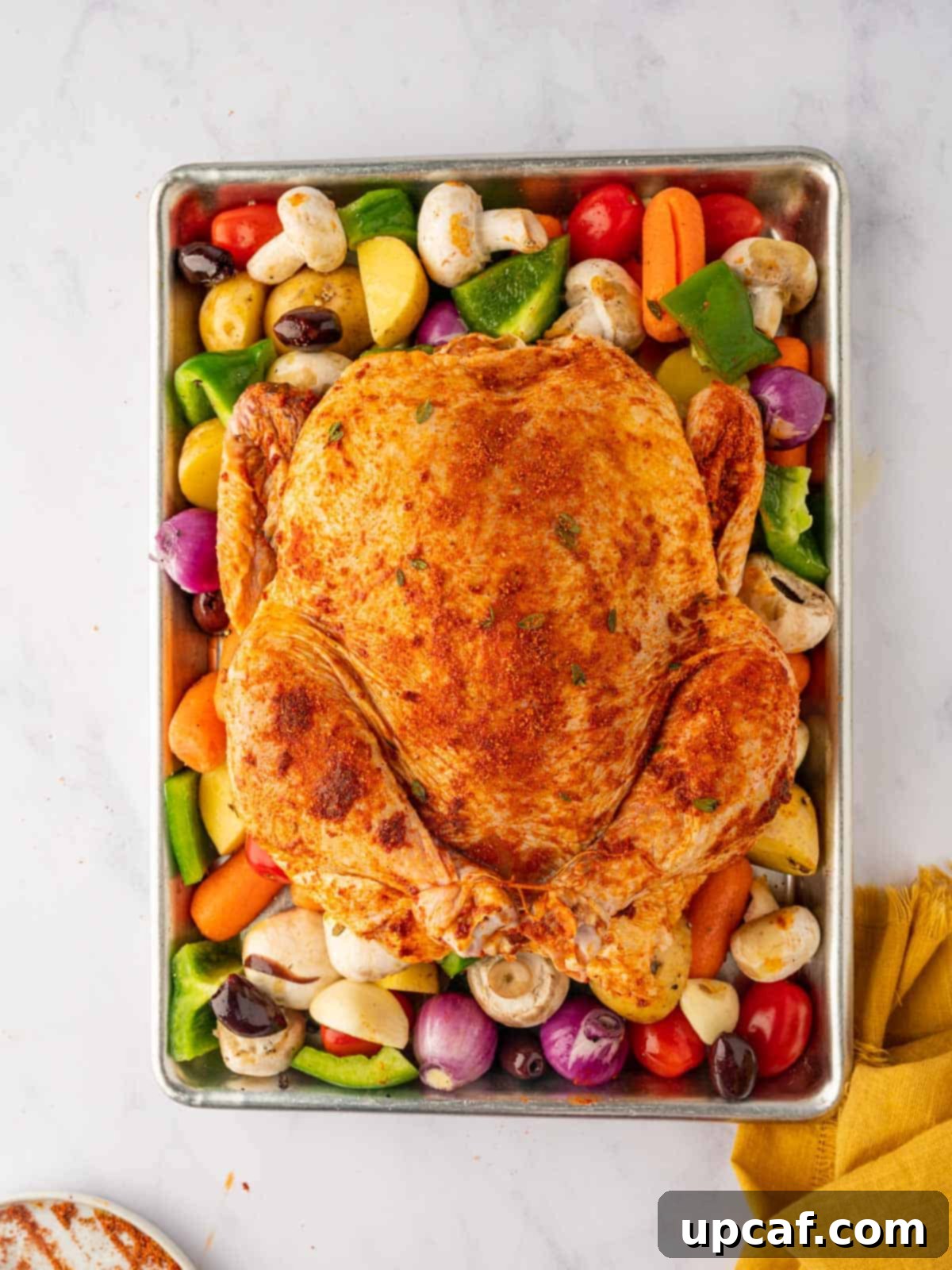 Seasoned whole chicken placed on a baking sheet with assorted vegetables.