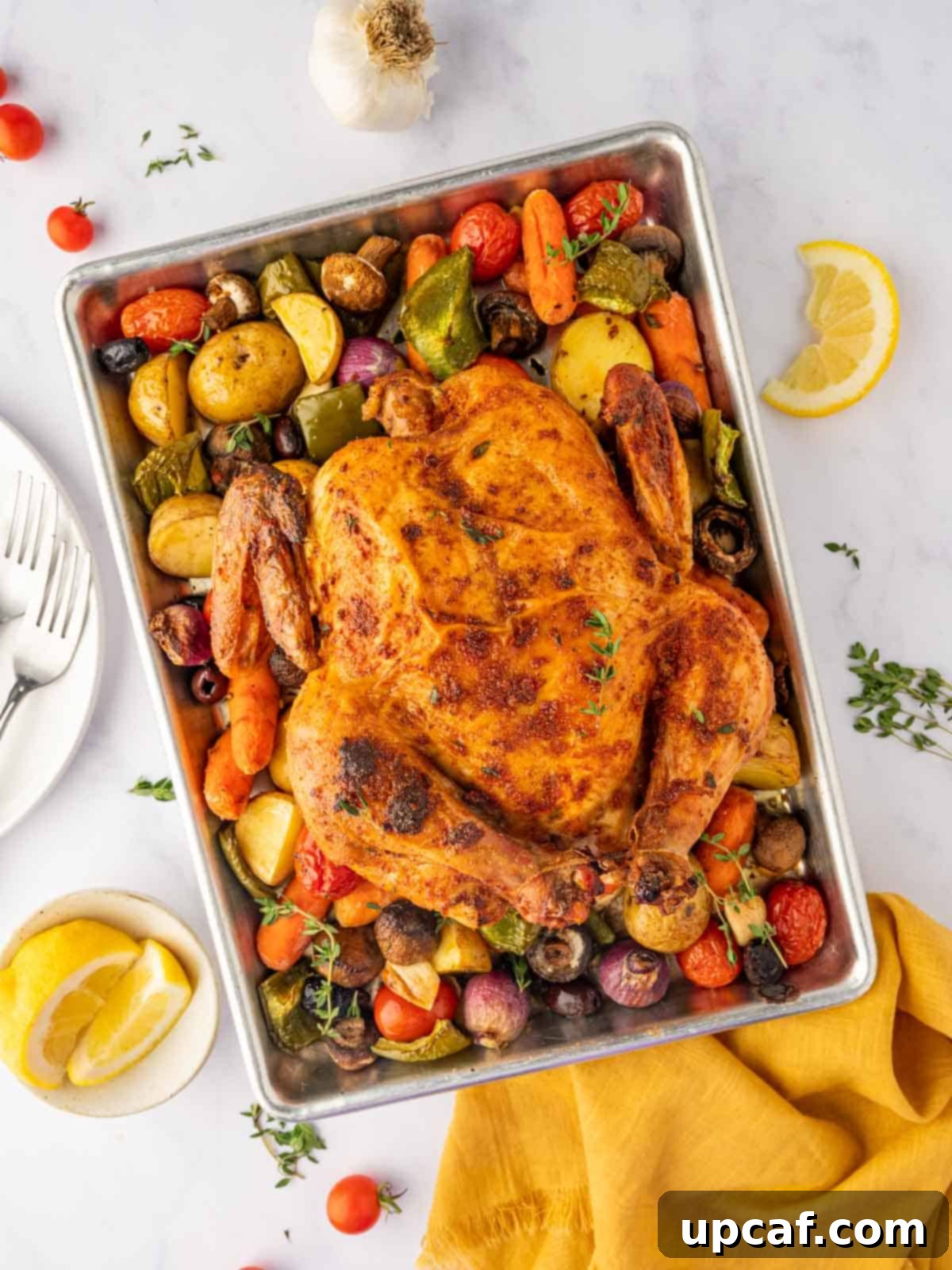 A whole roasted chicken traybake with Mediterranean seasoning and vegetables.
