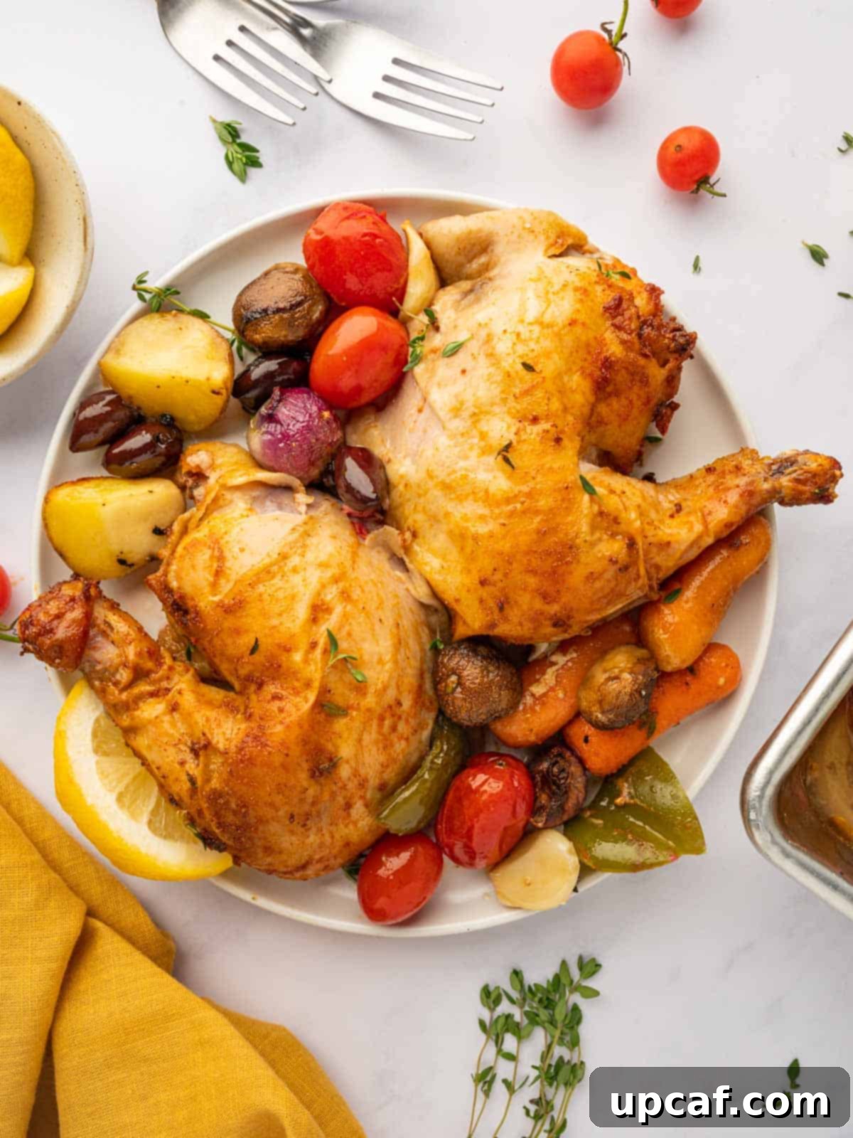 Roasted chicken quarters served on a plate with assorted vegetables.