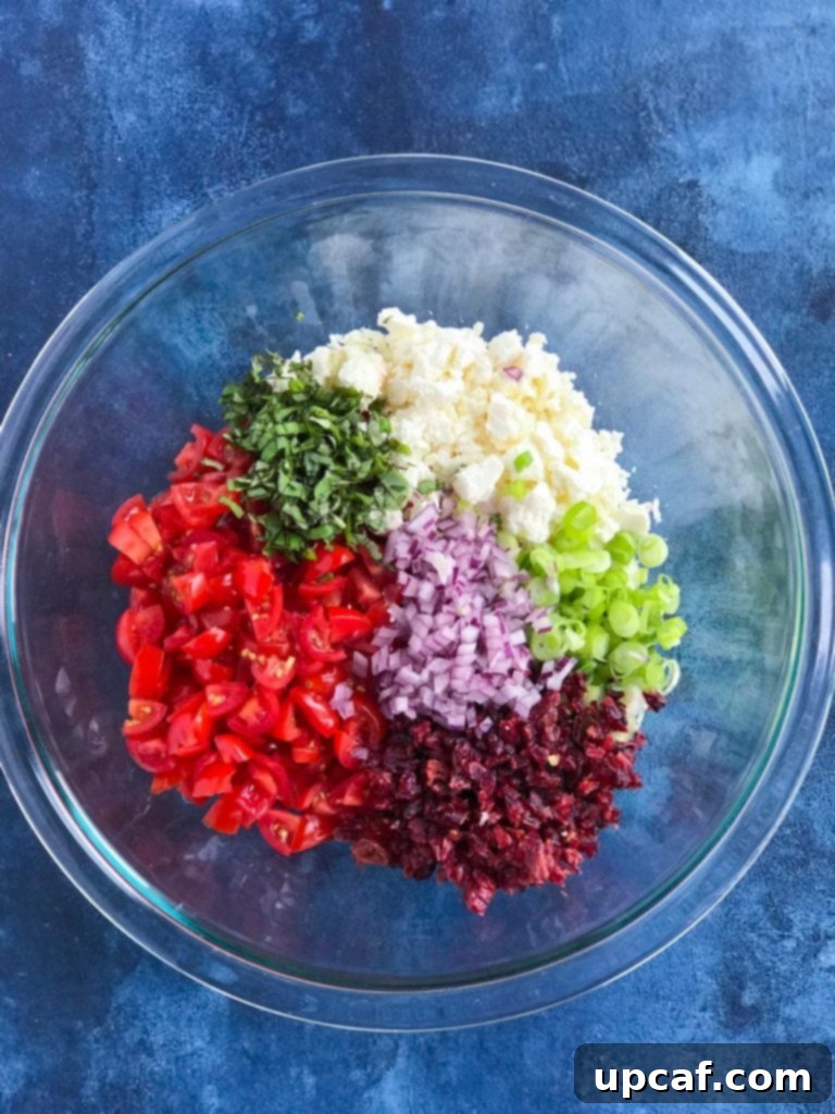 Freshly prepared bruschetta stuffing ingredients, ready to be mixed.