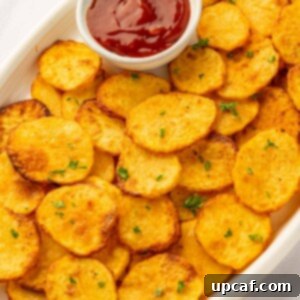 Golden Air-Fried Potato Coins 11 Crispy air fryer sliced potatoes on a platter, ready to be served.