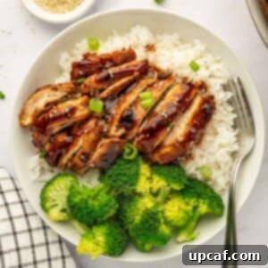 Sweet and Sticky Panda Express Teriyaki Chicken 11 A single serving of Panda express teriyaki chicken on a plate with rice and broccoli.