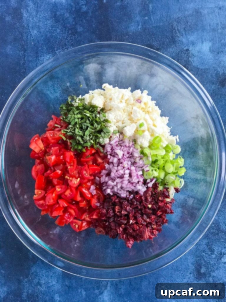 Close-up of Feta Bruschetta mix in a bowl, showcasing fresh ingredients like tomatoes, feta, and cranberries.