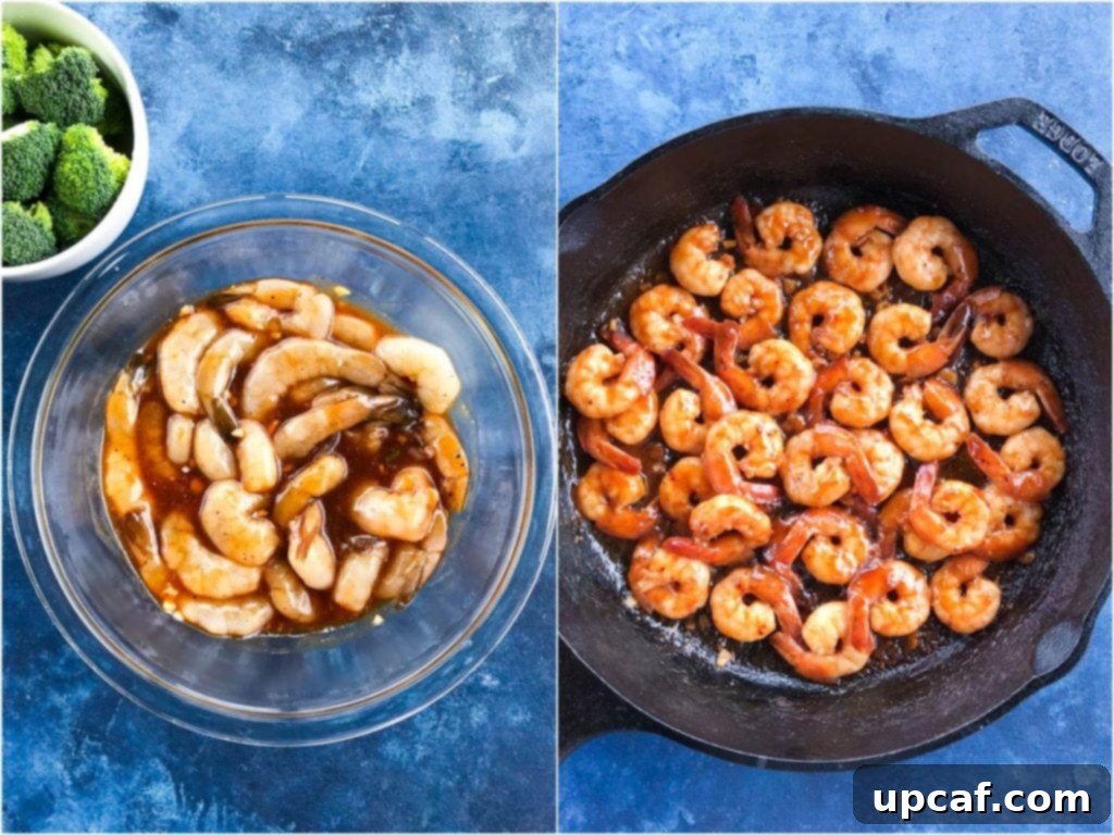 Raw teriyaki shrimps marinating in a bowl, coated in a rich, dark sauce, ready for cooking.