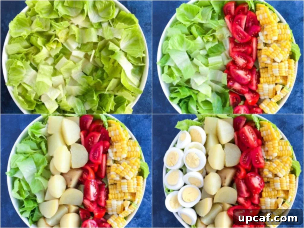 Four steps showing the assembly of Potato Cobb Salad ingredients in a bowl