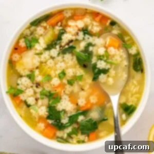 Comforting Italian Pastina Soup 10 A spoon rests in a bowl of pastina soup.