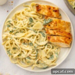 A plate of cheesy pasta served with sliced chicken breast.
