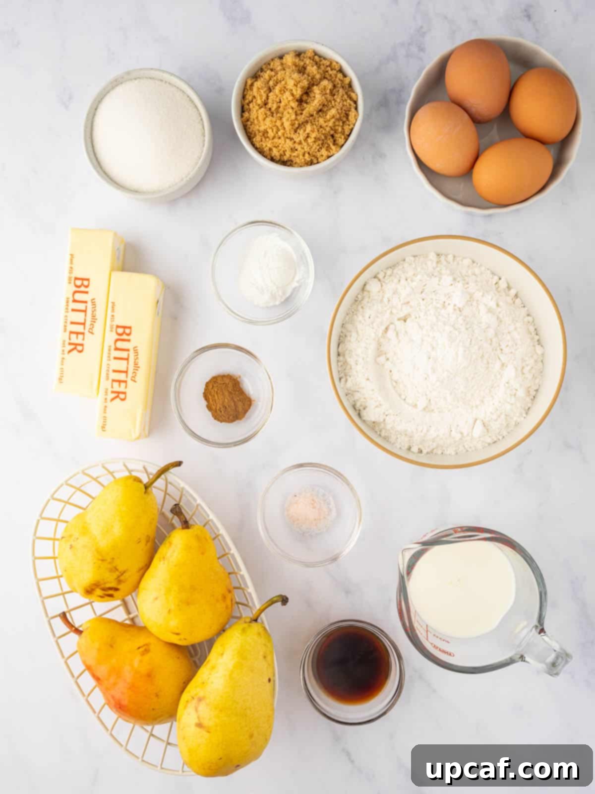 Caramelized Pear Crown Cake 3 Ingredients needed for upside down pear cake, neatly arranged.
