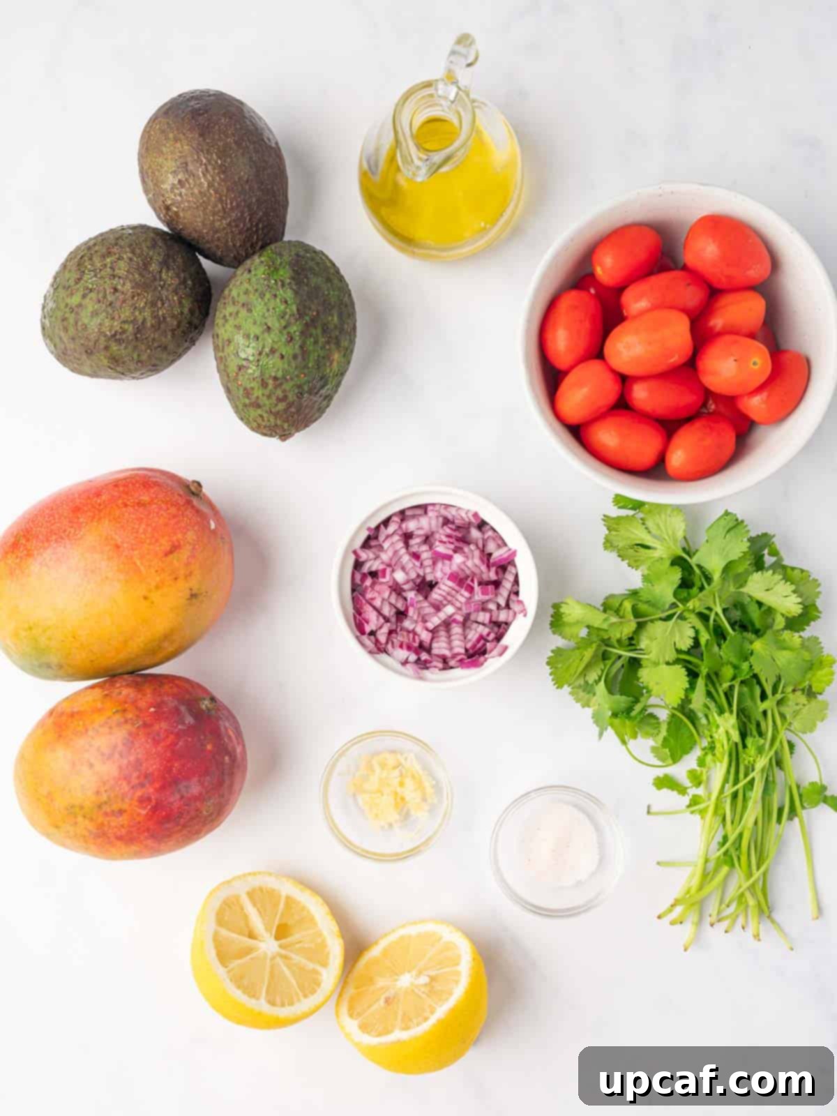 Freshly prepared ingredients for avocado mango salad, including diced mangoes, avocados, red onion, tomatoes, and cilantro.