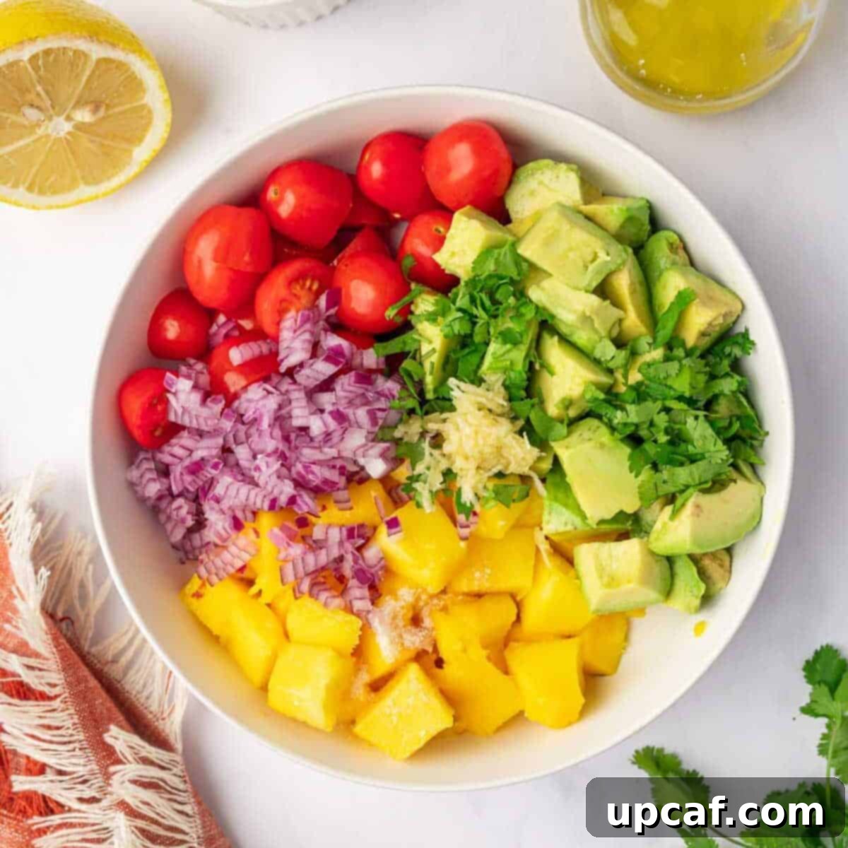 All diced ingredients for avocado mango salad gathered in a large mixing bowl.