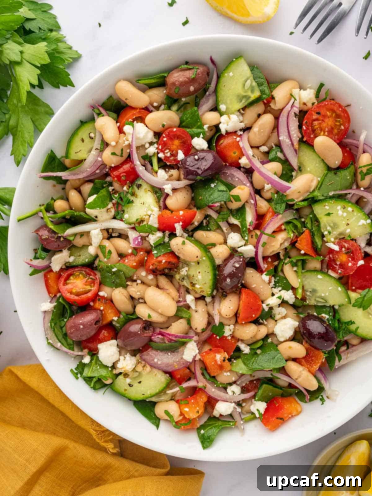 A large bowl of Mediterranean salad with beans and veggies.