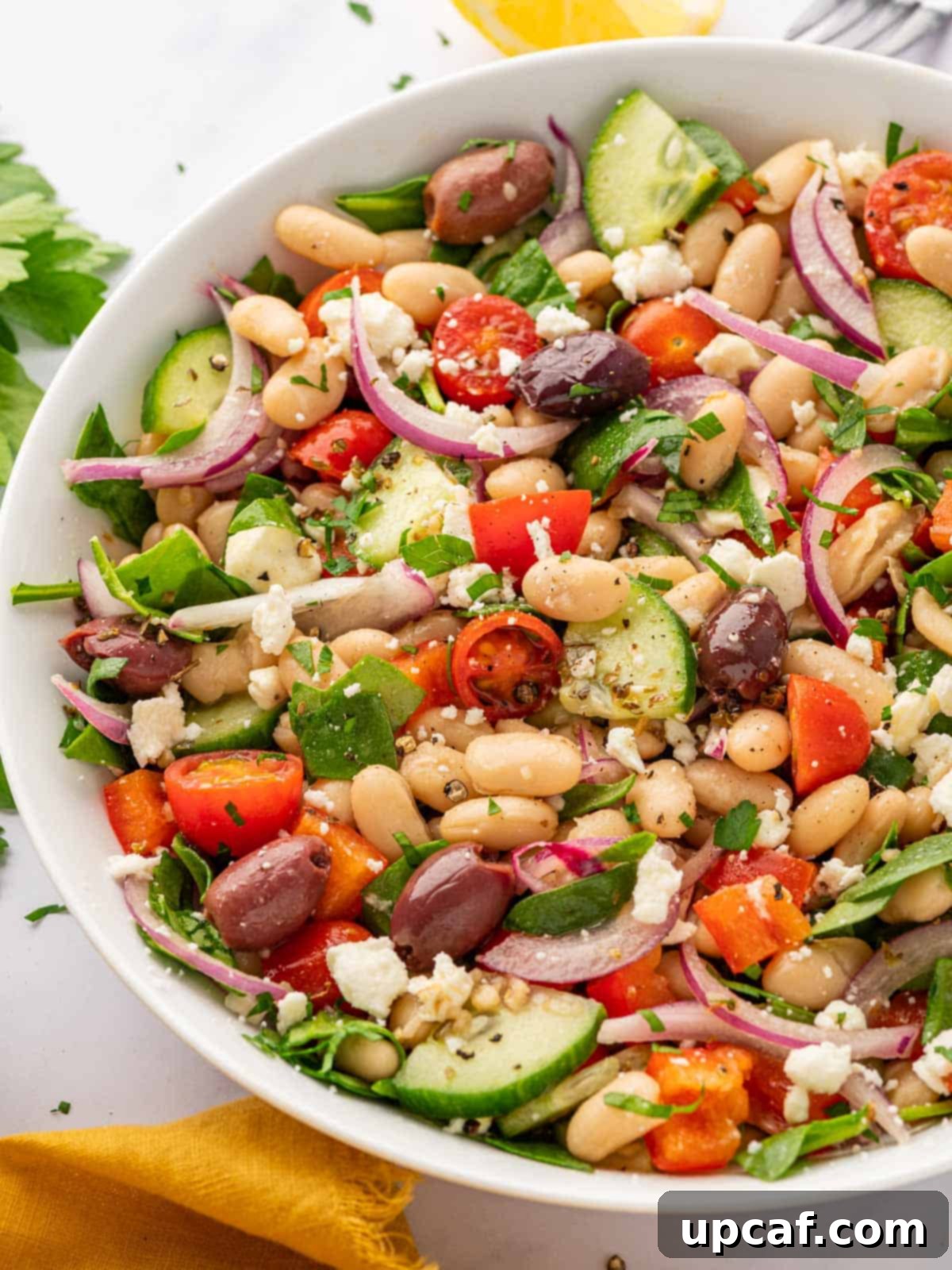 Closeup of Mediterranean bean salad.
