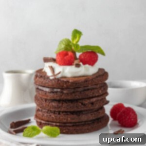 Ultimate Chocolate Protein Stacks 11 A stack of chocolate pancakes on a white plate.